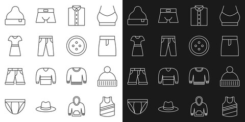 Set line Undershirt, Beanie hat, Skirt, Shirt, Pants, Woman dress, and Sewing button for clothes icon. Vector