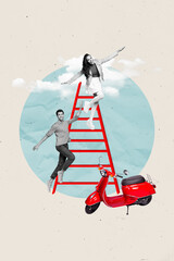 Vertical collage image of two mini black white effect people climb ladder clouds sky retro scooter...