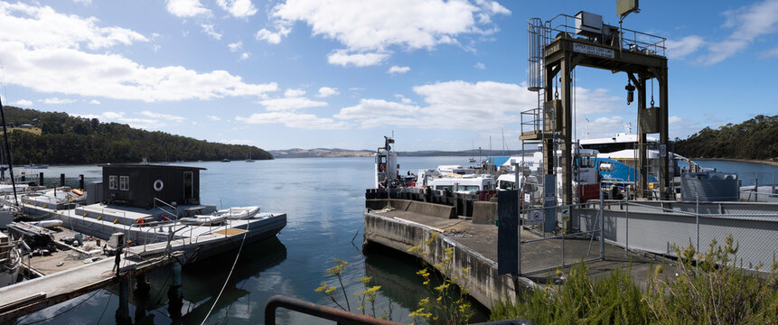 KETTERING, TASMANIA, AUSTRALIA - MARCH 03 2023: Cars and passengers board the Bruny Island Car Ferry from Kettering to Bruny Island in Southern Tasmania. Widescreen image