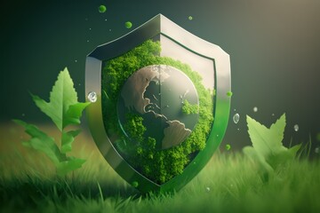Earth with eco protection shield background, Save the world concept. Generative AI