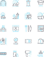 Suburban housing linear icons set. Neighbourhoods, Comfort, Affordability, Security, Space, Design, Privacy line vector and concept signs. Maintenance,Family-oriented,Accessibility outline
