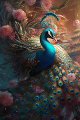 Obraz premium Peacock on flowers beautiful background. Luxury Generative AI