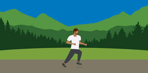 jogging sporty man on summer mountain landscape