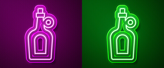 Glowing neon line Bottle of maple syrup icon isolated on purple and green background. Vector