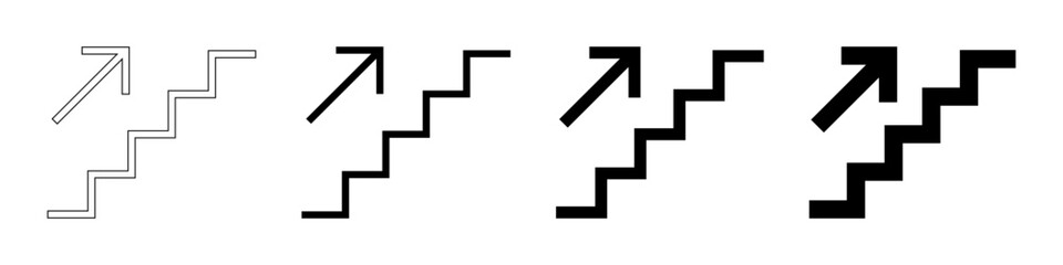 Stairs up icons set. Stairs with up arrow black icon. Vector isolated on white background.