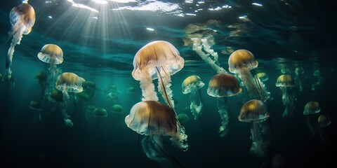 A school of jellyfish moving gracefully through the ocean currents, concept of Marine Ecosystem Dynamics, created with Generative AI technology