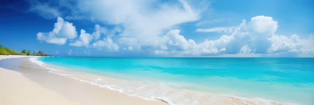 Panorama tropical sea and sandy beach with blue sky banner. Generative AI
