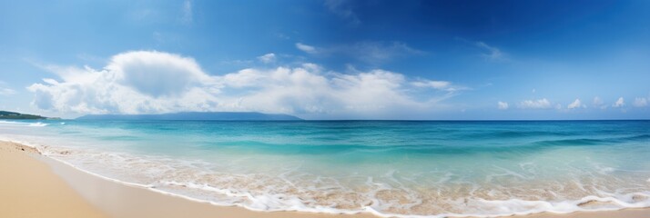 Panorama tropical sea and sandy beach with blue sky banner. Generative AI