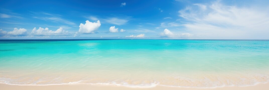 Panorama tropical sea and sandy beach with blue sky banner. Generative AI © CYB3RUSS
