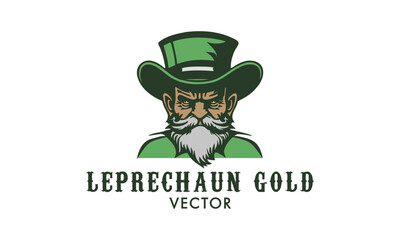 Vector brutal serious gray-bearded green leprechaun in a top hat. Logo, sticker or emblem. White isolated background.