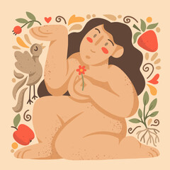 Beautiful woman with flower. Hand-drawn vector illustration of body positive girl with natural ornament. 