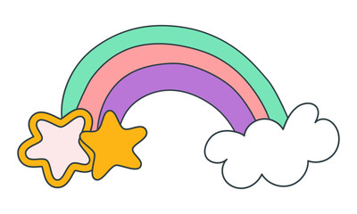 Hand-drawn groovy rainbow with stars and clouds. Symbol in y2k style. Illustration isolated on white background. Vector