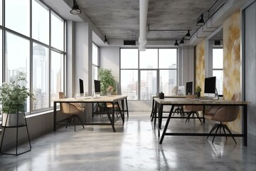Fototapeta na wymiar Bright grunge coworking office interior with city view and furniture. 3D Rendering. Generative AI