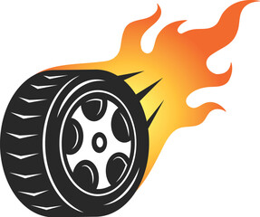 Vehicle wheel in flames flying vector illustration isolated on white