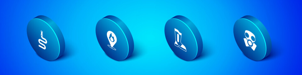 Set Isometric Fire hose reel, boots, Gas mask and Location with fire flame icon. Vector