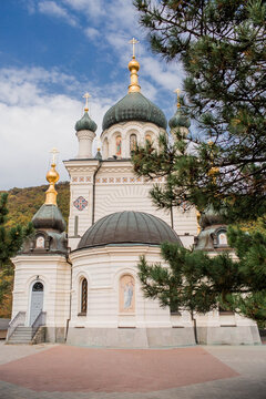 Beautiful Resurrection Church on the mountain by the sea. Foros. Russia, Crimea, October (2018)
