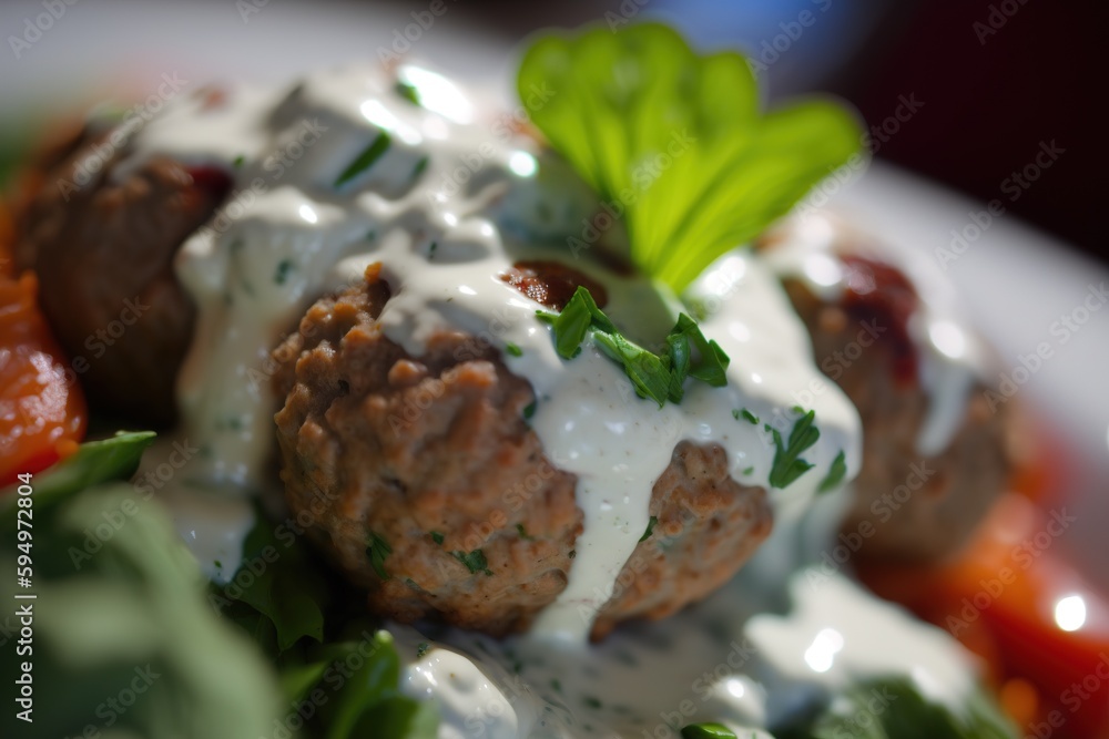 Poster half of a salad with meatballs and a yoghurt dressing, framed in close-up generative ai