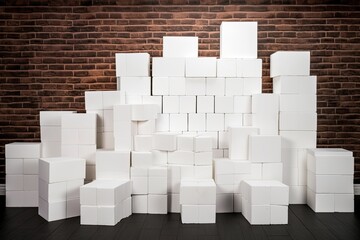 pile of blank white cubes in front of a textured brick wall. Generative AI