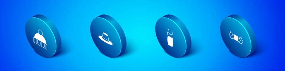 Set Isometric Beanie hat, Woman dress, Bow tie and Man icon. Vector