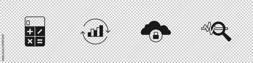 Poster set calculator, pie chart infographic, cloud computing lock and search data analysis icon. vector
