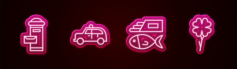 Set line London mail box, Taxi car, Fish and chips and Four leaf clover. Glowing neon icon. Vector