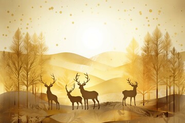 Fototapeta na wymiar Modern canvas art mural wallpaper with golden trees and light background. golden deer, Christmas tree, golden mountains, sun with deers. Suitable for use as a frame on walls. Generative AI