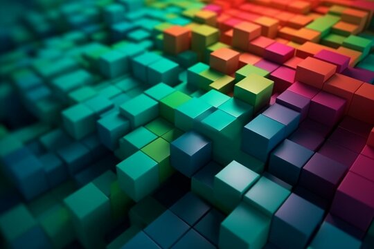 Multicolored 3D Block background. Tech Wallpaper with Natural Green colors. 3D Render. Generative AI