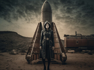 GENERATIVE AI creates vintage Daguerreotype of female astronaut posing by retro space rocket
