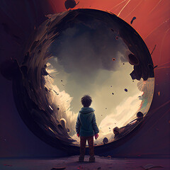 Boy standing in front of portal