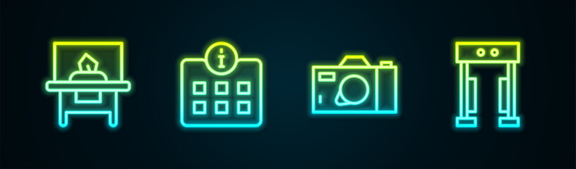 Set line Glass showcase for exhibit, Information, Photo camera and Metal detector. Glowing neon icon. Vector