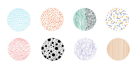 Set of round abstract colorful backgrounds or patterns. Drawn doodle shapes. Spots, drops, curves, lines. Modern modern fashion vector illustration. Posters, icon templates for social networks