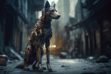GENERATIVE AI creates striking image of wild android wolves roaming in a post-apocalyptic city