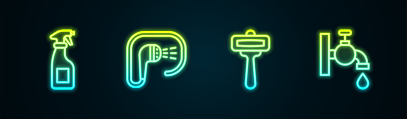 Set line Cleaning spray bottle, Shower, Shaving razor and Water tap. Glowing neon icon. Vector