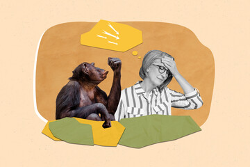 Artwork magazine collage picture of sad upset mature lady having head ache hand forehead isolated...