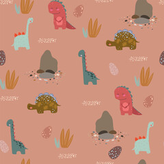 Jungle seamless pattern with funny dinosaurs , plants and eggs. Hand drawn vector illustration. Creative kids for fabric, wrapping, textile, wallpaper, apparel. Vector illustration
