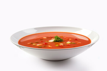 Traditional spanish gazpacho soup in white bowl isolated on white background. Ai generative