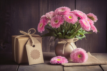 Pink flowers with a gift on wooden table, for mother's day. Ai generative