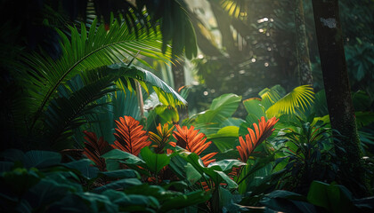 Tropical jungle with colorful flowers in the foreground
