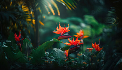 Fototapeta na wymiar Tropical jungle with colorful flowers in the foreground