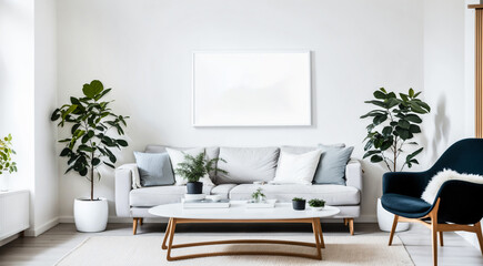 Mockup canvas frame on the wall.  Scandinavian living room with a big template of a painting picture on the wall . Simple design with natural materials and neutral colors. 3d rendering. - obrazy, fototapety, plakaty