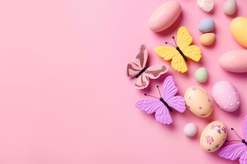 cute decorated erflies in form of easter candy on pink background. Generative AI