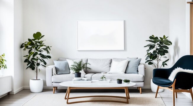 Mockup canvas frame on the wall.  Scandinavian living room with a big template of a painting picture on the wall . Simple design with natural materials and neutral colors. 3d rendering.