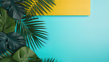 Mockup with tropical leaves on colorful background and empty space