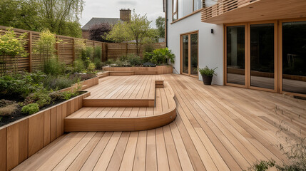 The exterior of a back garden patio area with wood decking. Generative AI