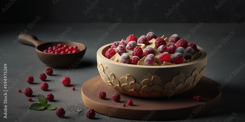 Poster image of raspberries in a dish on a grey background with a bottom view of a biscuit cake. generative