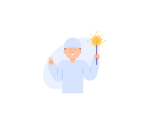 a happy Muslim boy and holding fireworks. Play and have fun. Celebrating Islamic holidays. character illustration concept design. Vector Elements for Eid Al-Fitr, Eid al-Adha, and Ramadan