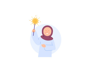 a happy Muslim girl and holding fireworks. Play and have fun. Celebrating Islamic holidays. character illustration concept design. Vector Elements for Eid Al-Fitr, Eid al-Adha, and Ramadan