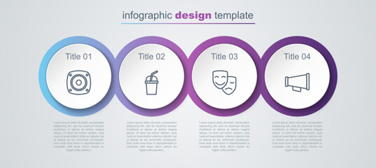Set line Stereo speaker, Paper glass with water, Comedy and tragedy masks and Megaphone. Business infographic template. Vector