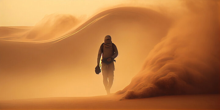 A lone man walking through a vast desert during a sandstorm. Generative AI