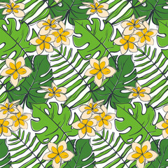 Seamless pattern with bright tropical leaves and frangipani flowers. Wild jungle. Vector illustration in a flat style.